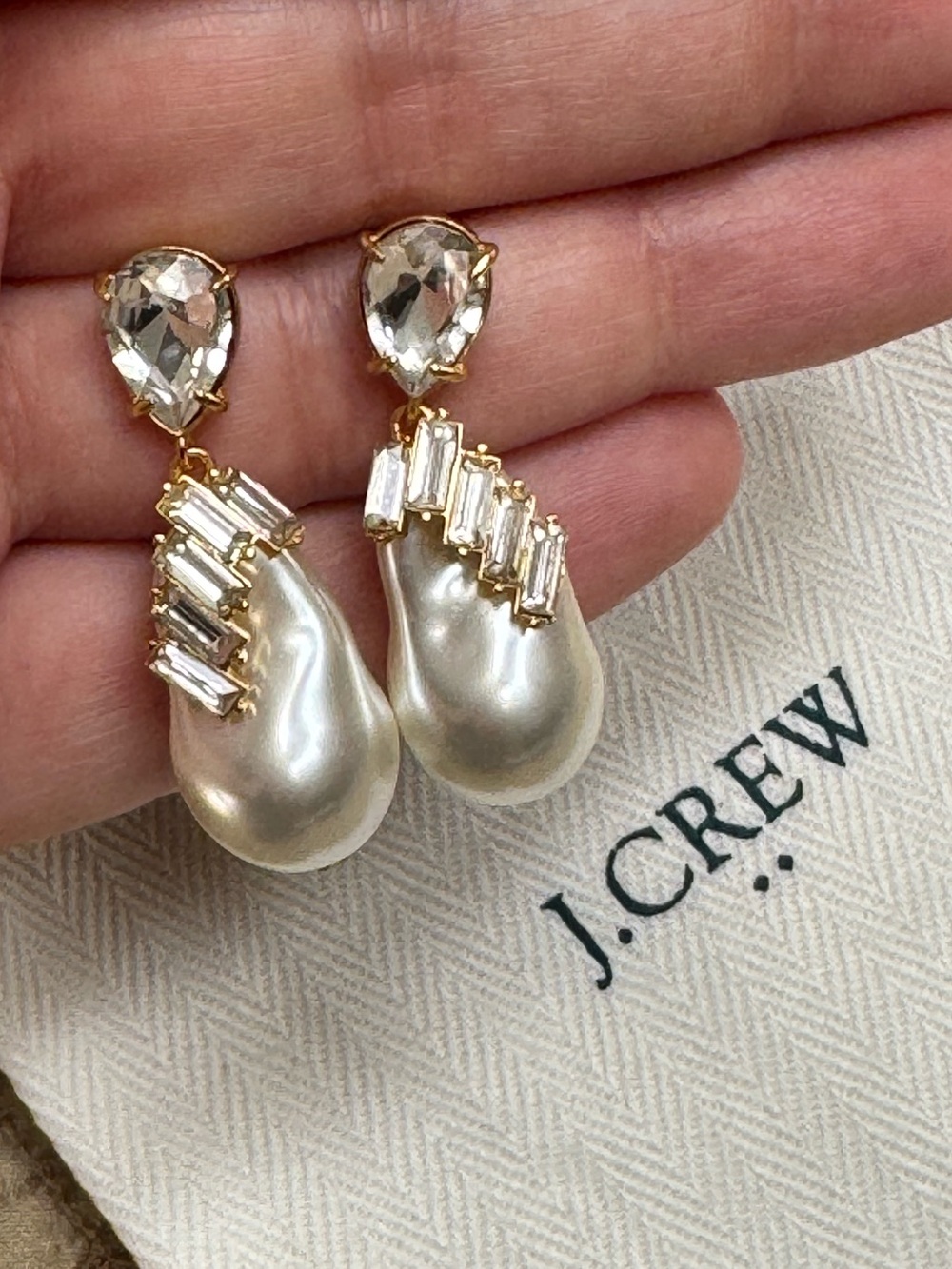 J. Crew Pearl Drop Earrings with Clear Crystals Accents